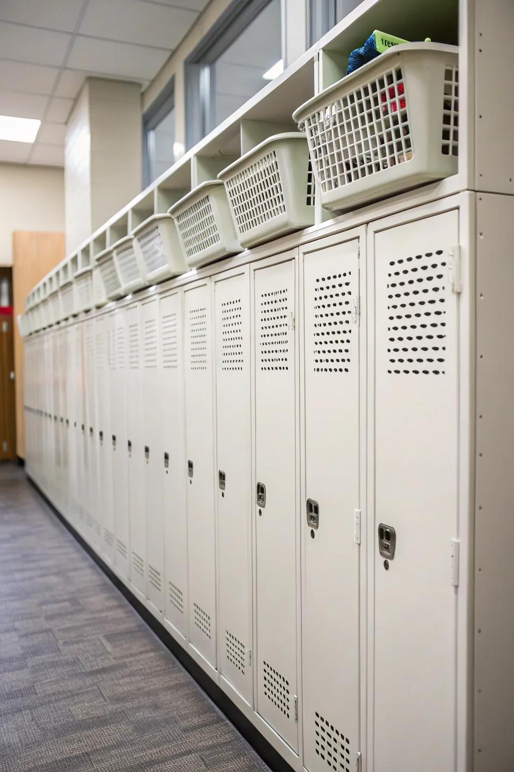 Extra storage with bins on top of built-in lockers.