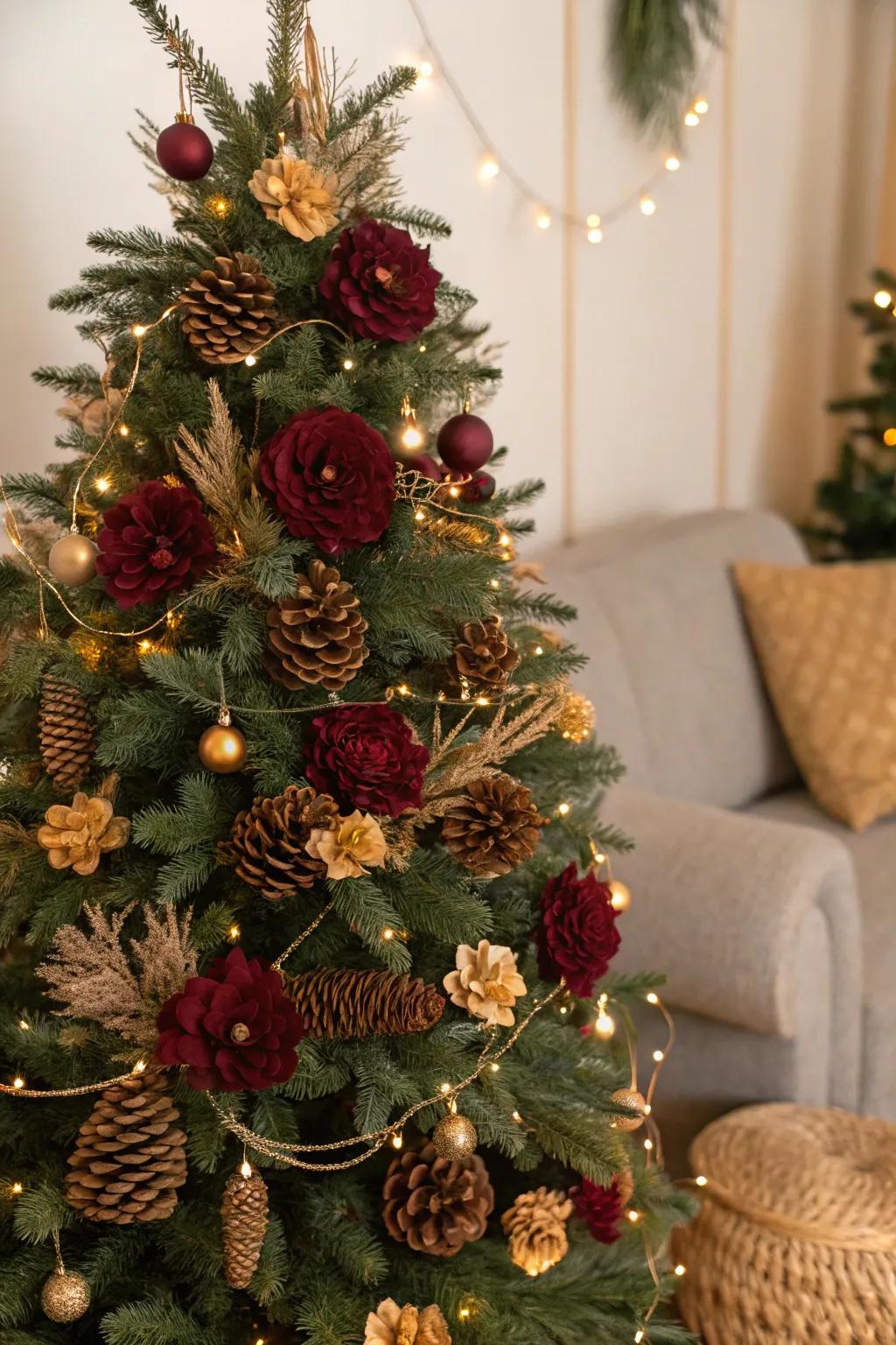 Natural elements bring a rustic charm to the tree.