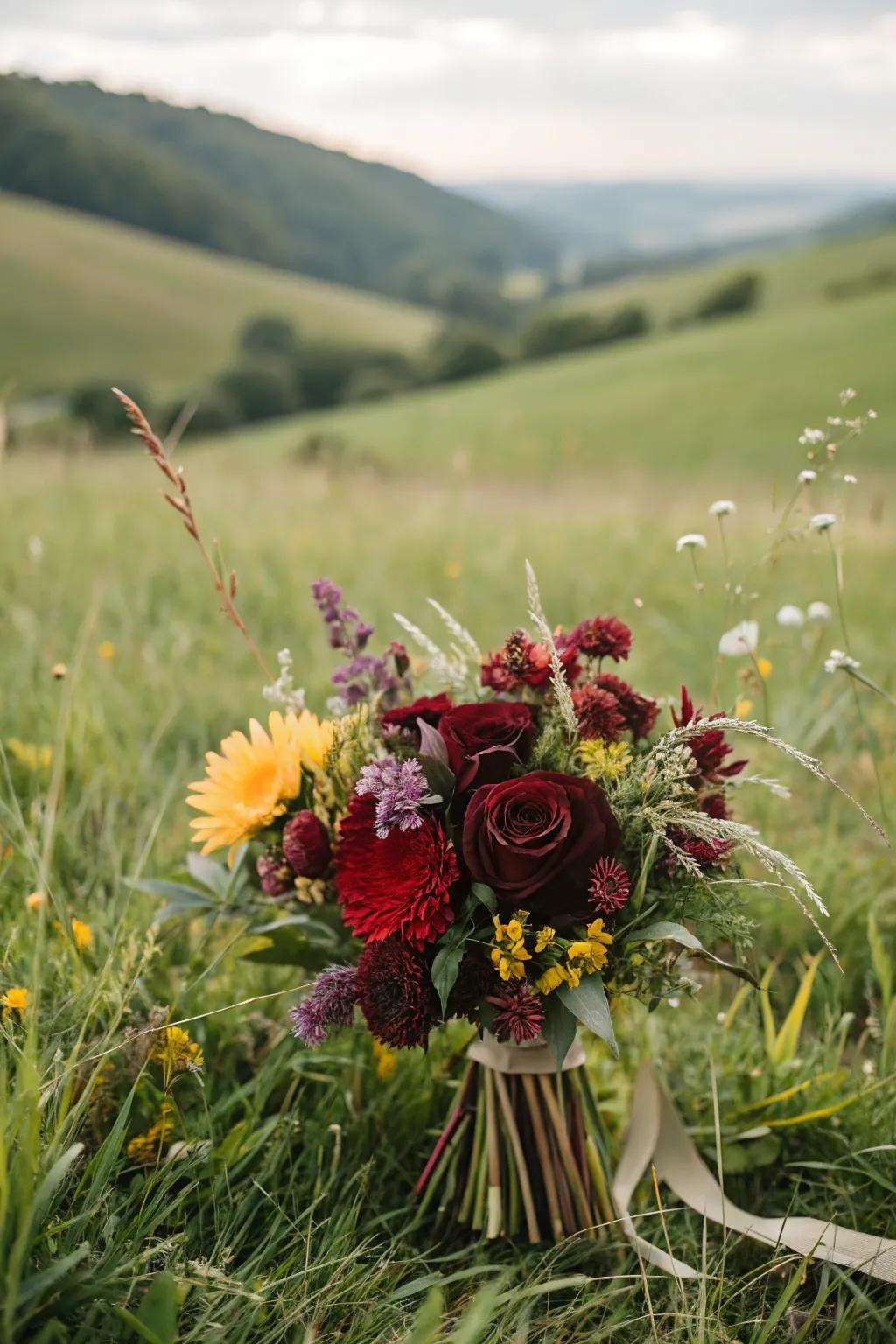 Burgundy bouquet with wildflower accents.