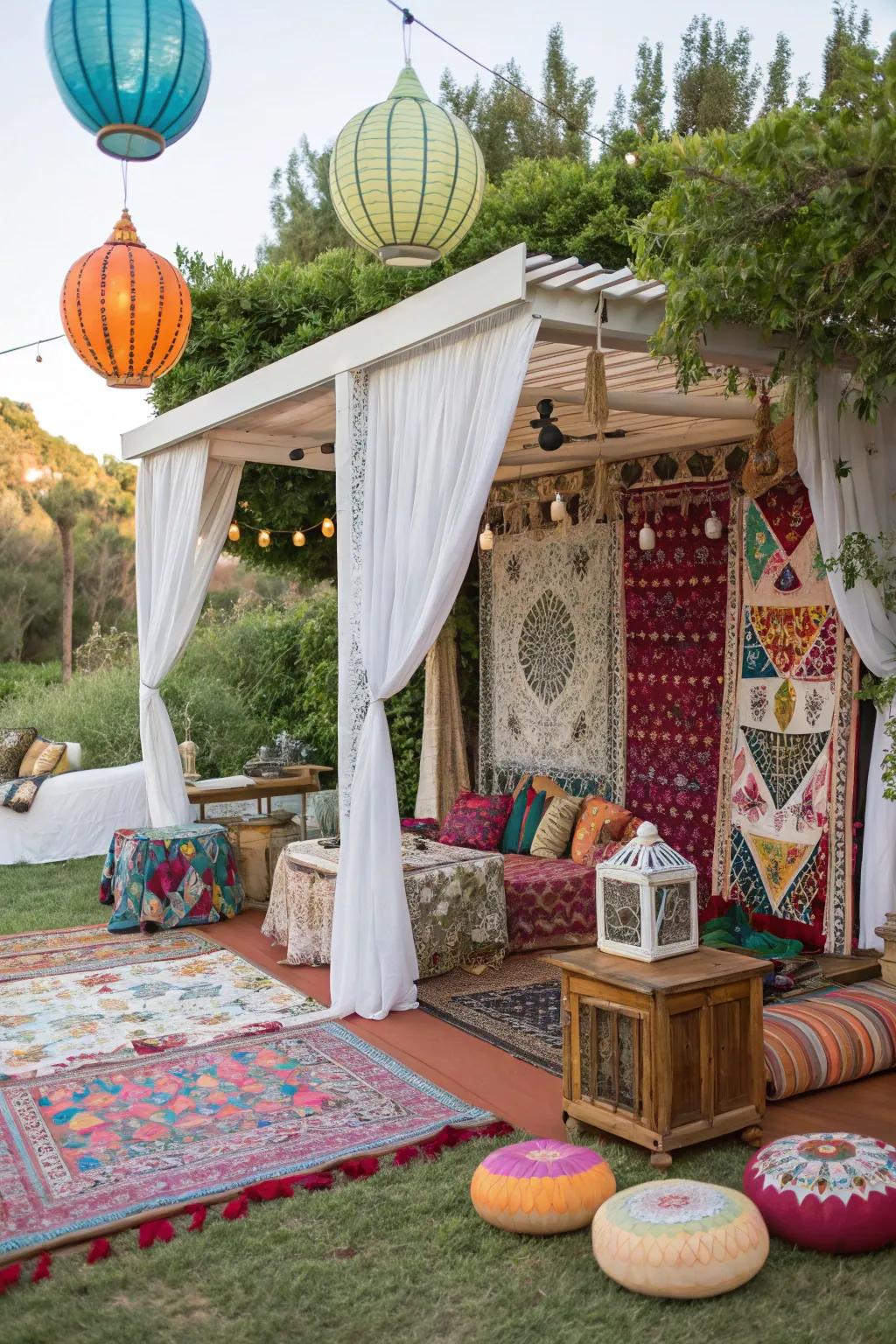 Bohemian cabana with vibrant textiles and unique decor.