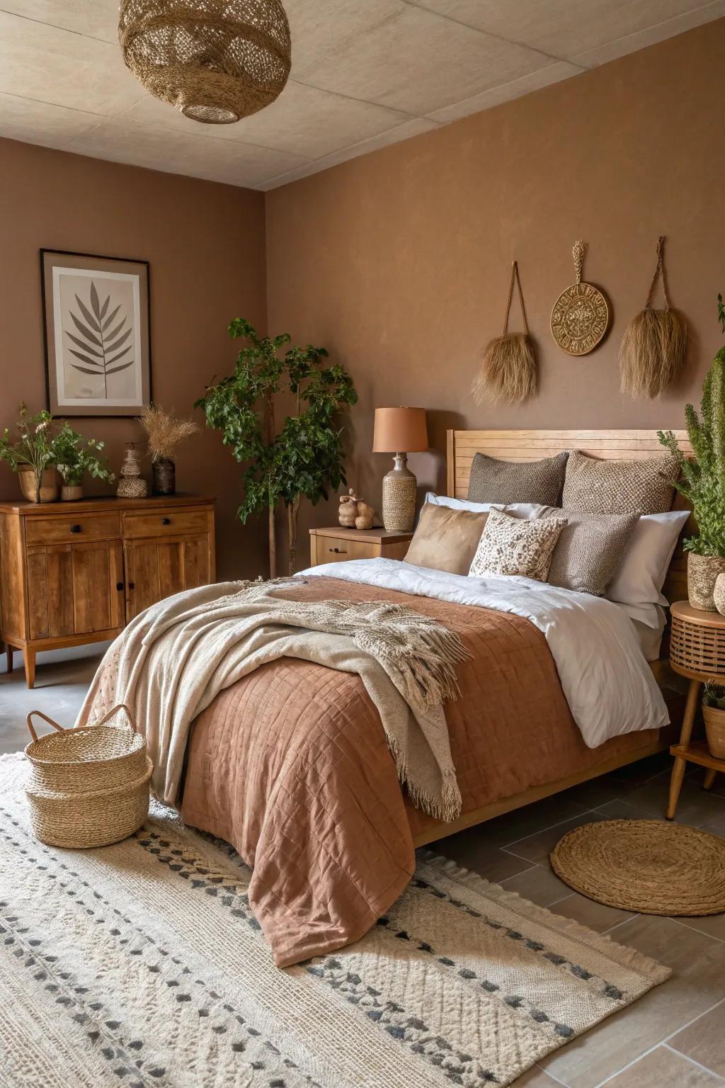 Soft brown walls offer a warm and grounding feel.