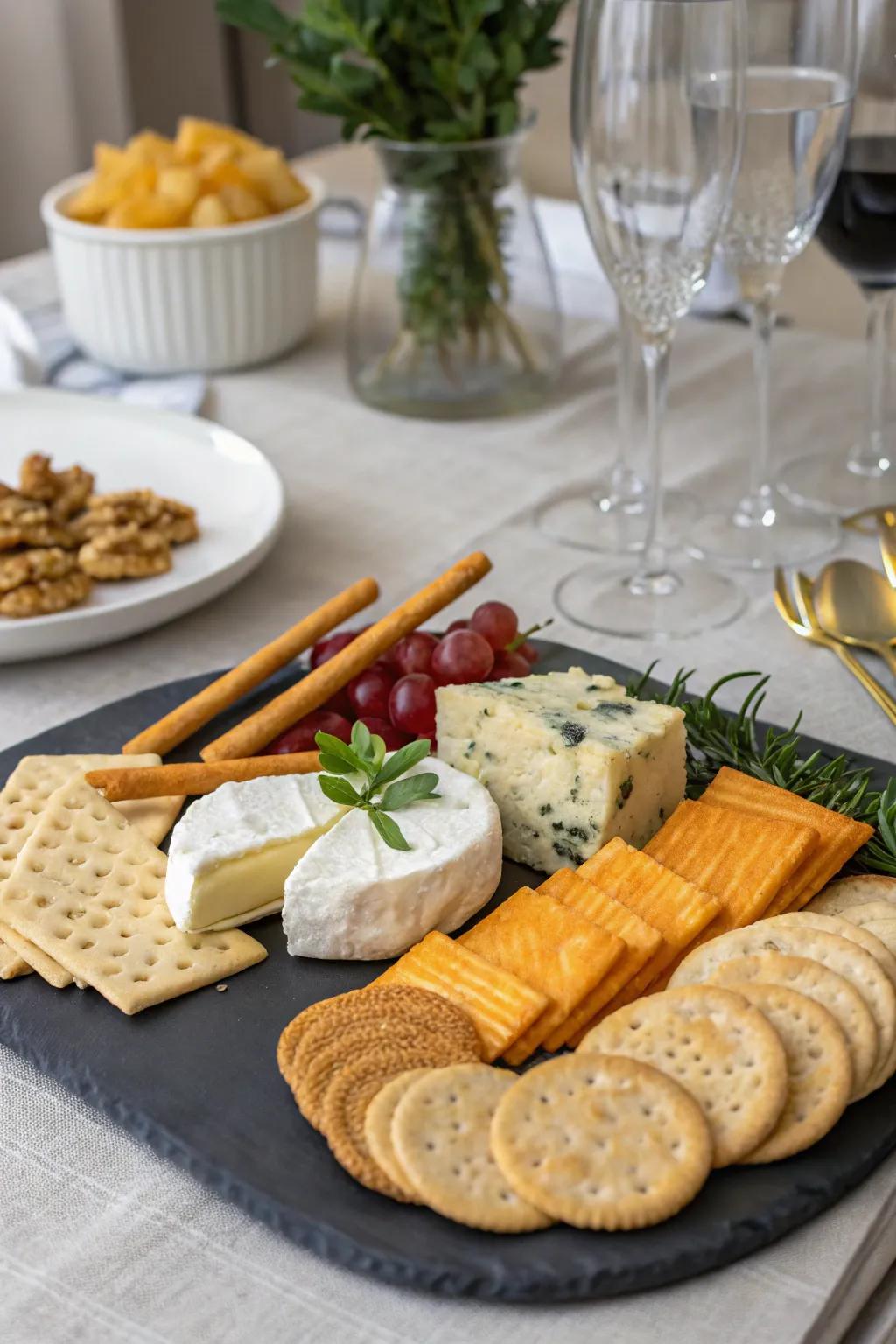 Cheese board balanced with texture and crunch.