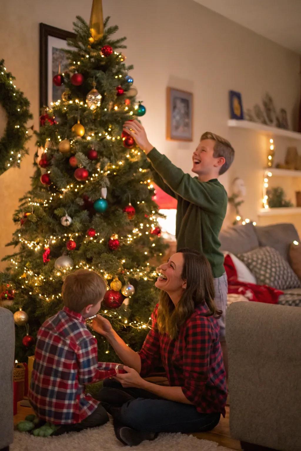 Decorating the tree captures genuine family moments.