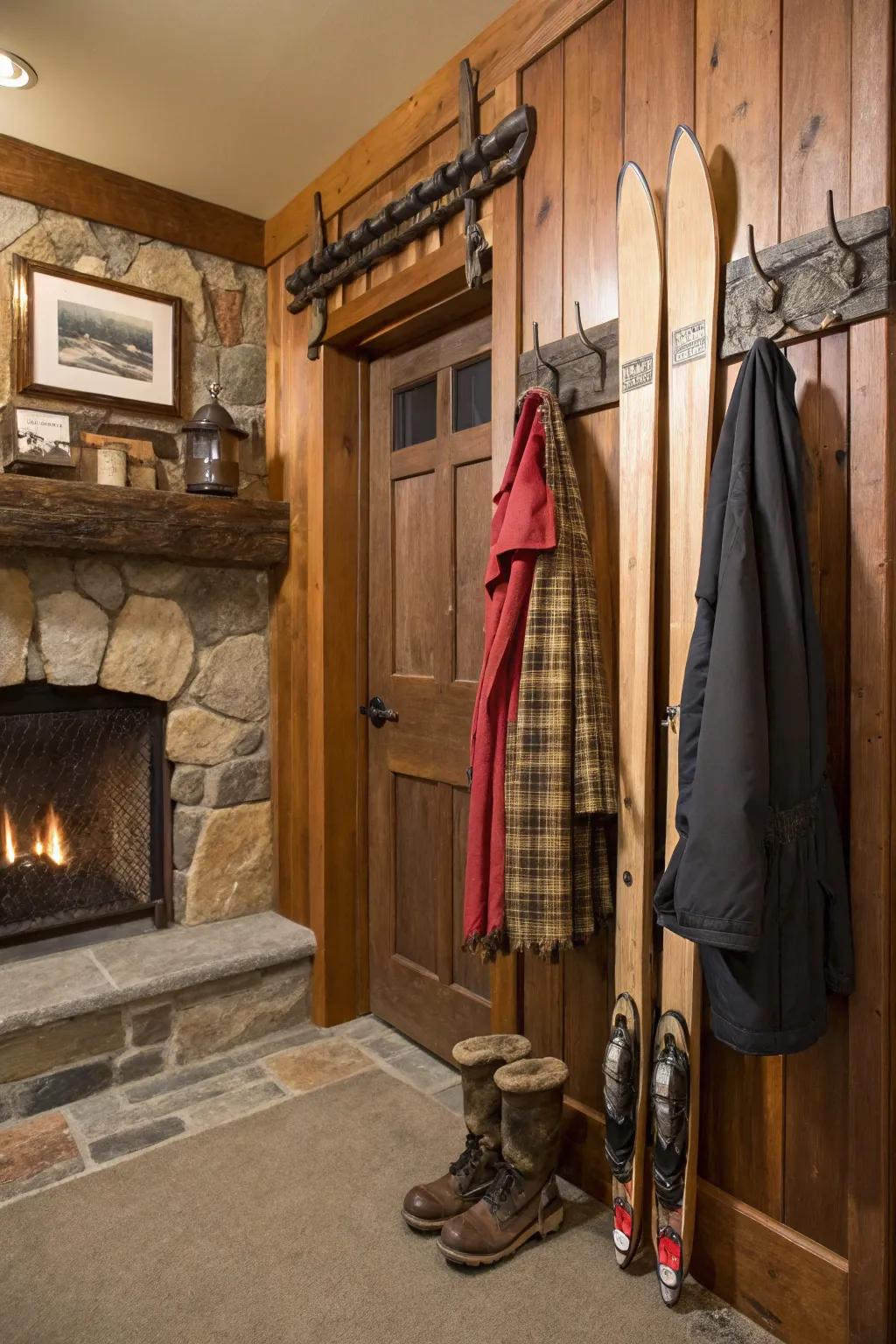 Re-purposed vintage skis establishing an endearing and nostalgic coat rack.