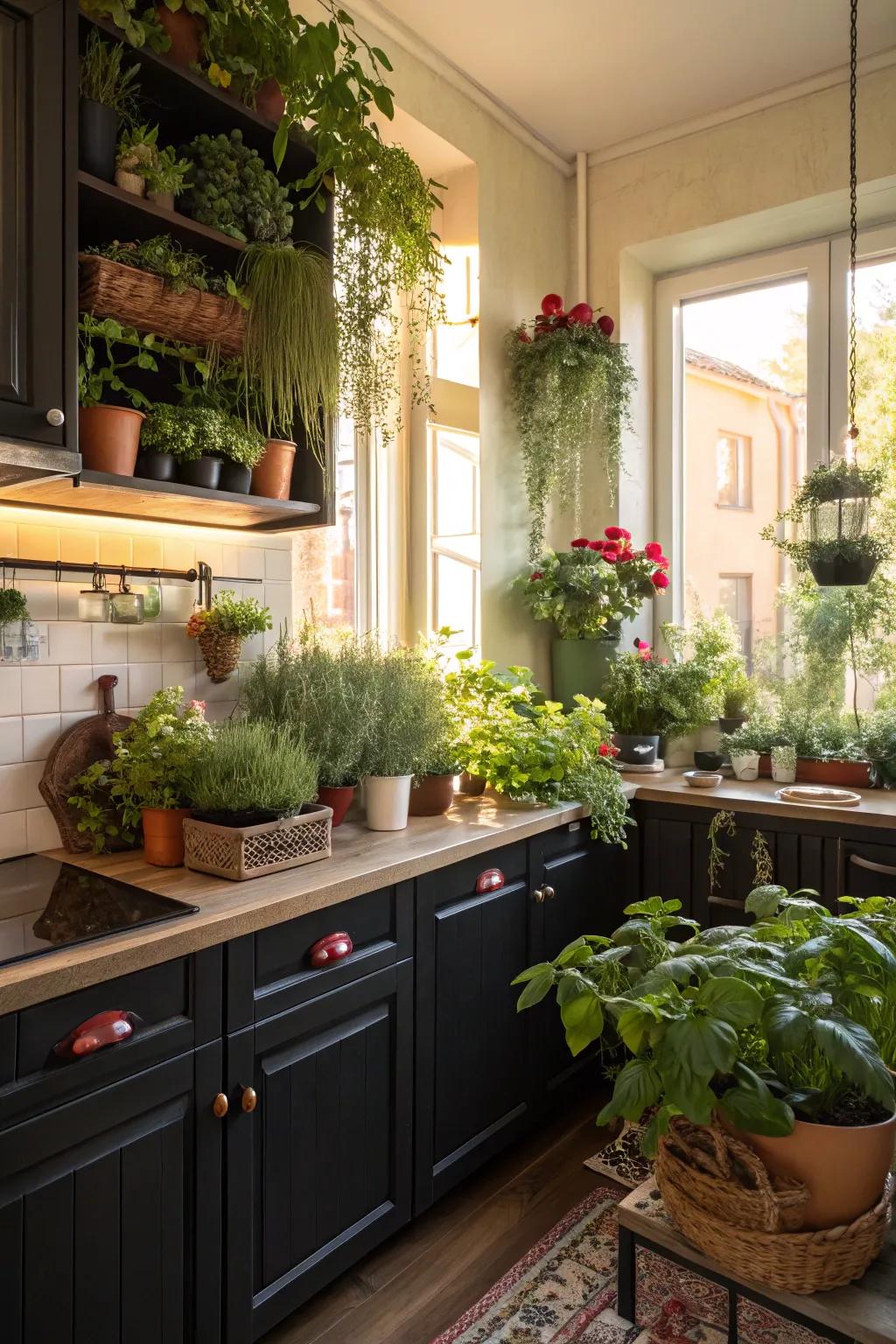 Dark cabinets complemented by vibrant plant life for a fresh and lively kitchen.