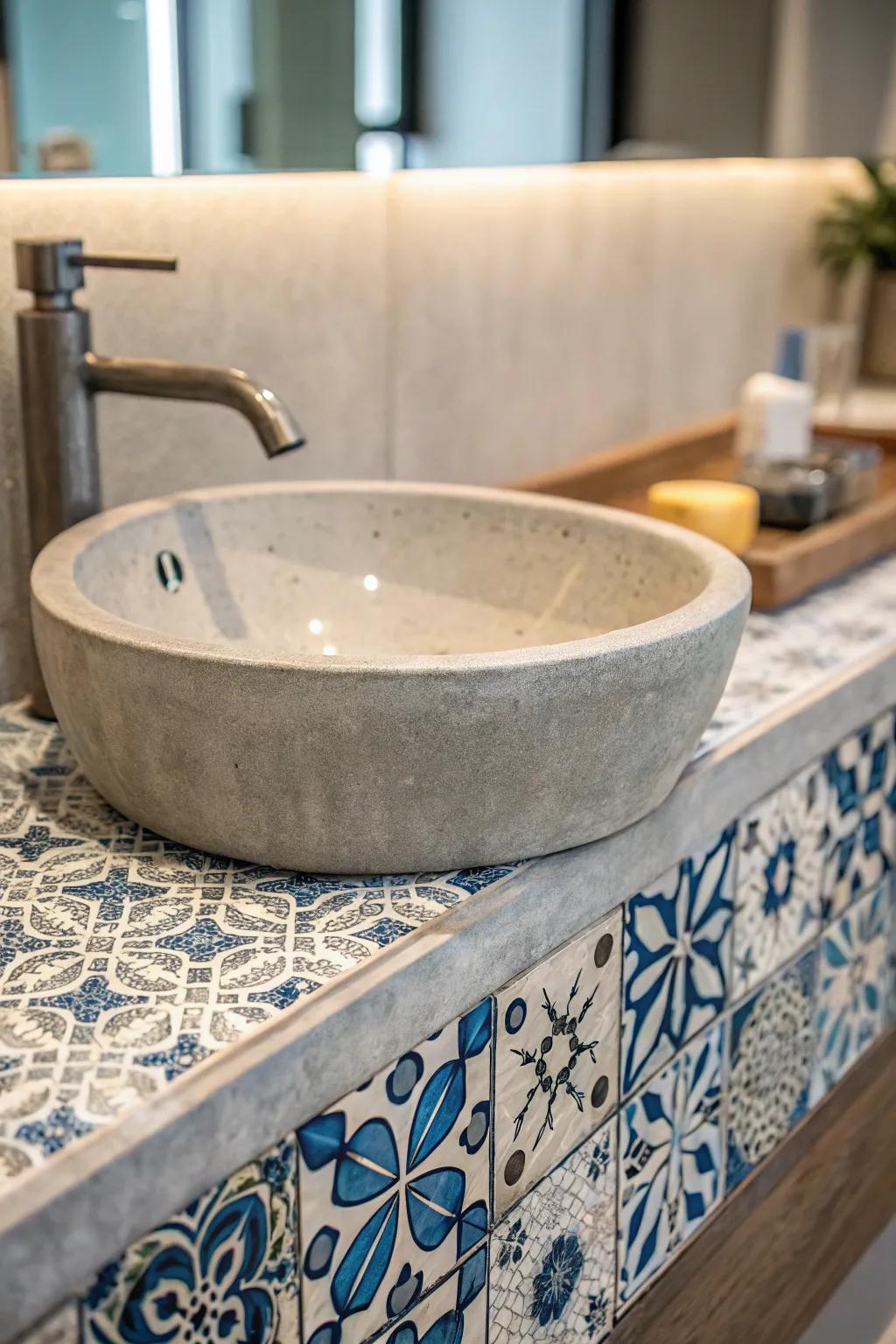 Concrete sink with a decorative tile backsplash.