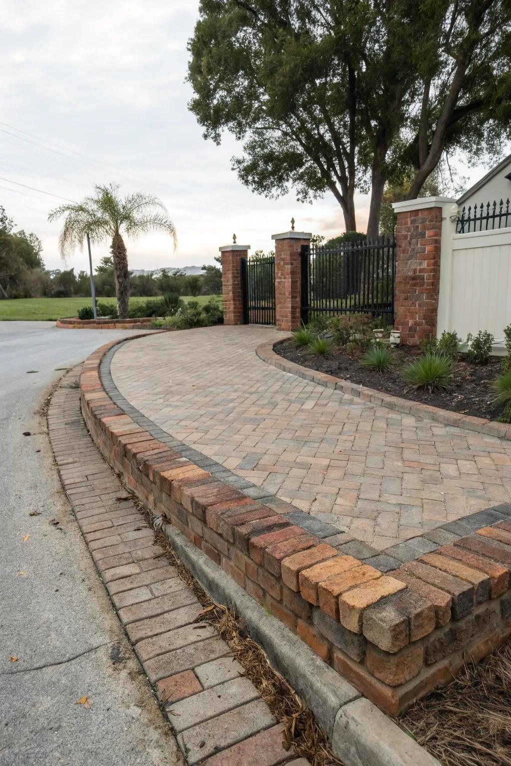 Repurposed bricks infusing a rustic charm into driveway borders.