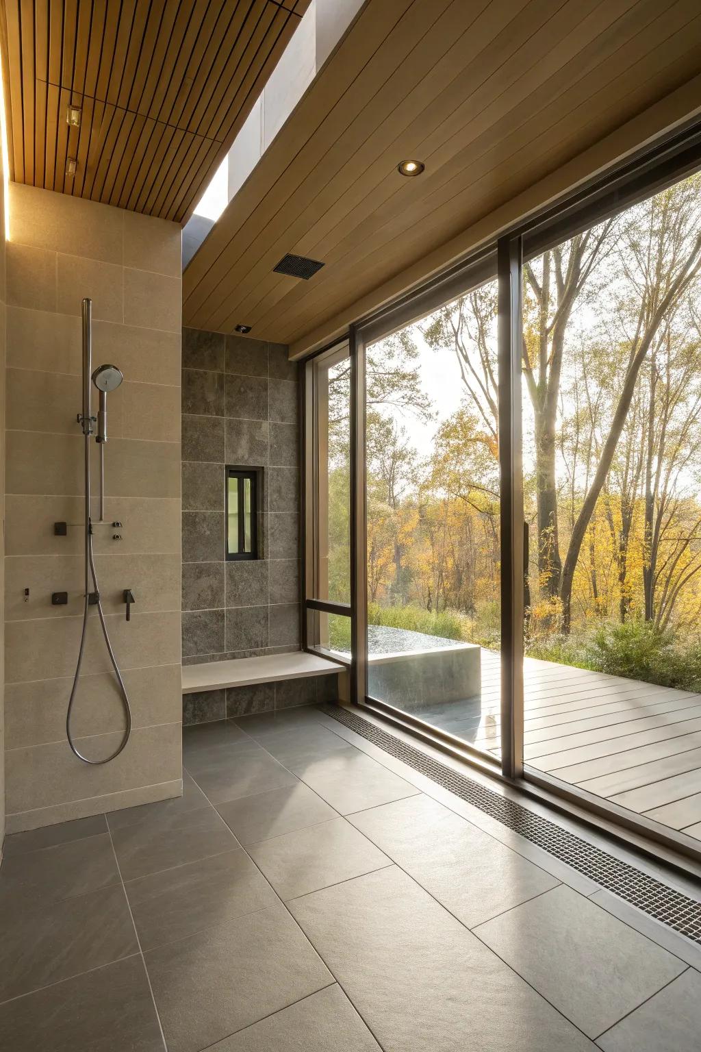 Natural light pervades this curbless shower, engendering a radiant and airy ambiance.