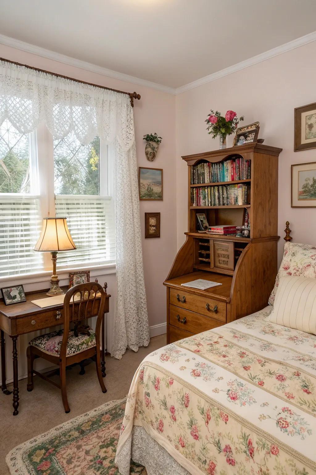 Lace curtains provide vintage charm and delicacy over blinds.