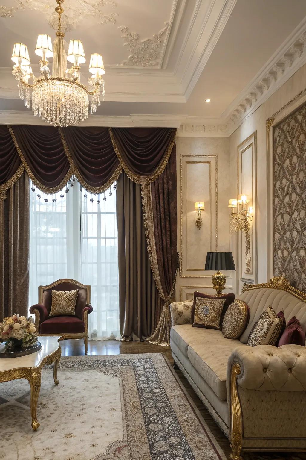 Elevate your living expanse through the opulent texture of velvet valances.