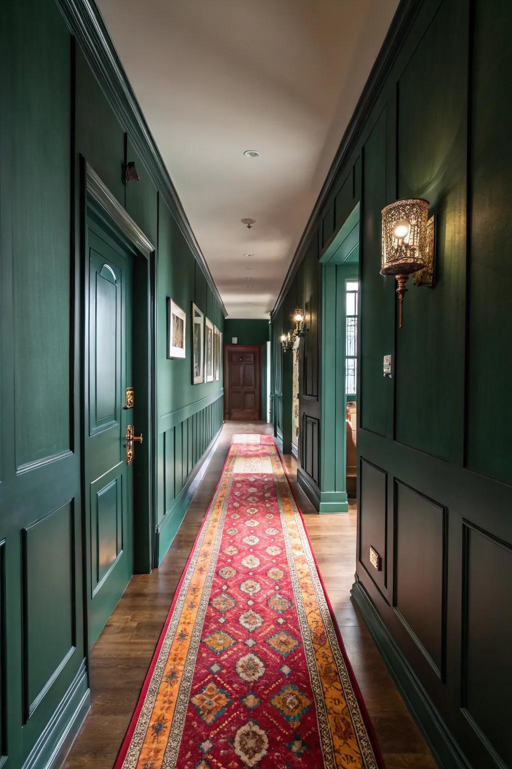 A hallway rug adds color to the forest green hallway.