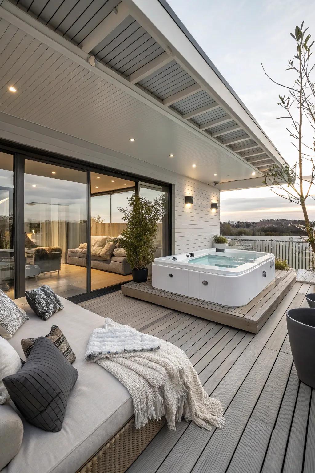 A modern yet cozy hot tub deck design.