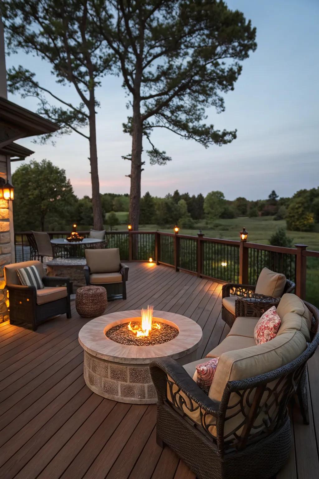 A central fire pit transforms this deck into a warm and inviting gathering space.