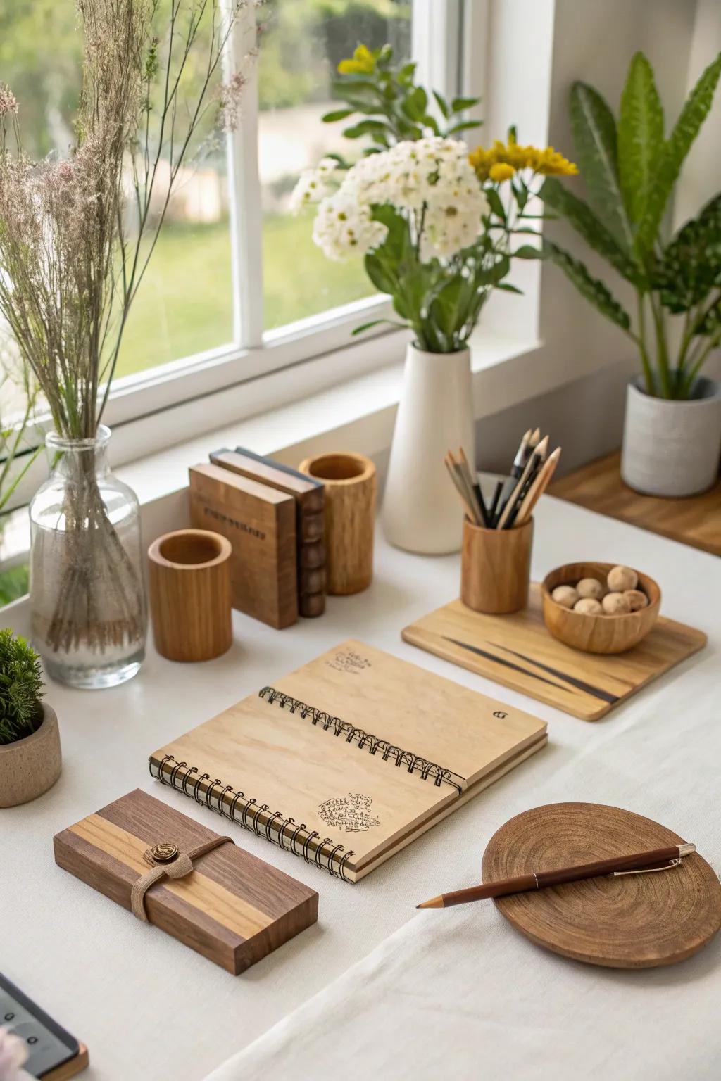 Natural elements like wood adding warmth to the workspace.