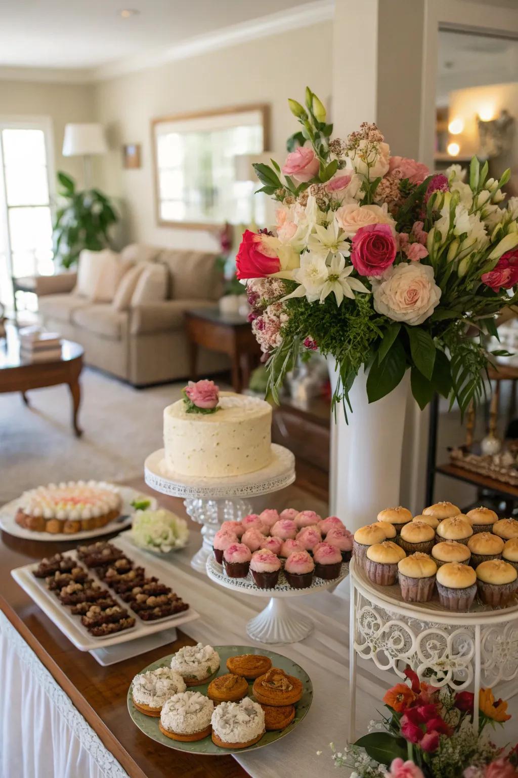 Floral arrangements bring elegance and freshness to dessert tables.