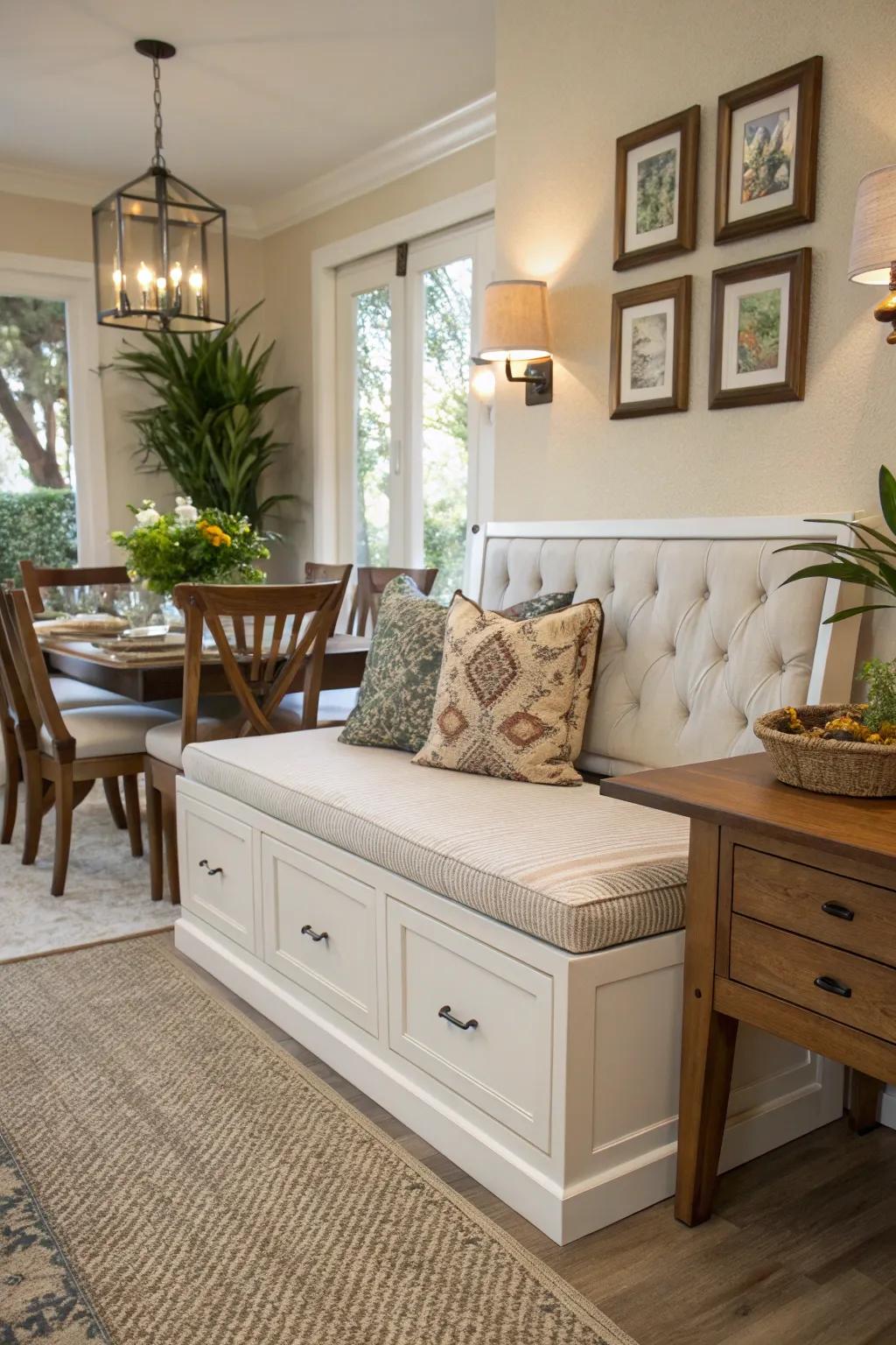 Storage benches offer a smart solution for hidden storage in dining rooms.