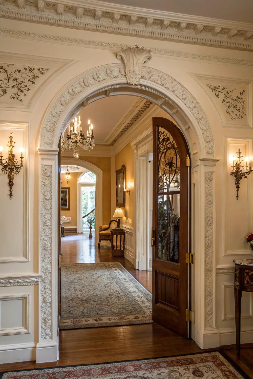 Arched doorway with elegant trim creates a dramatic entrance.