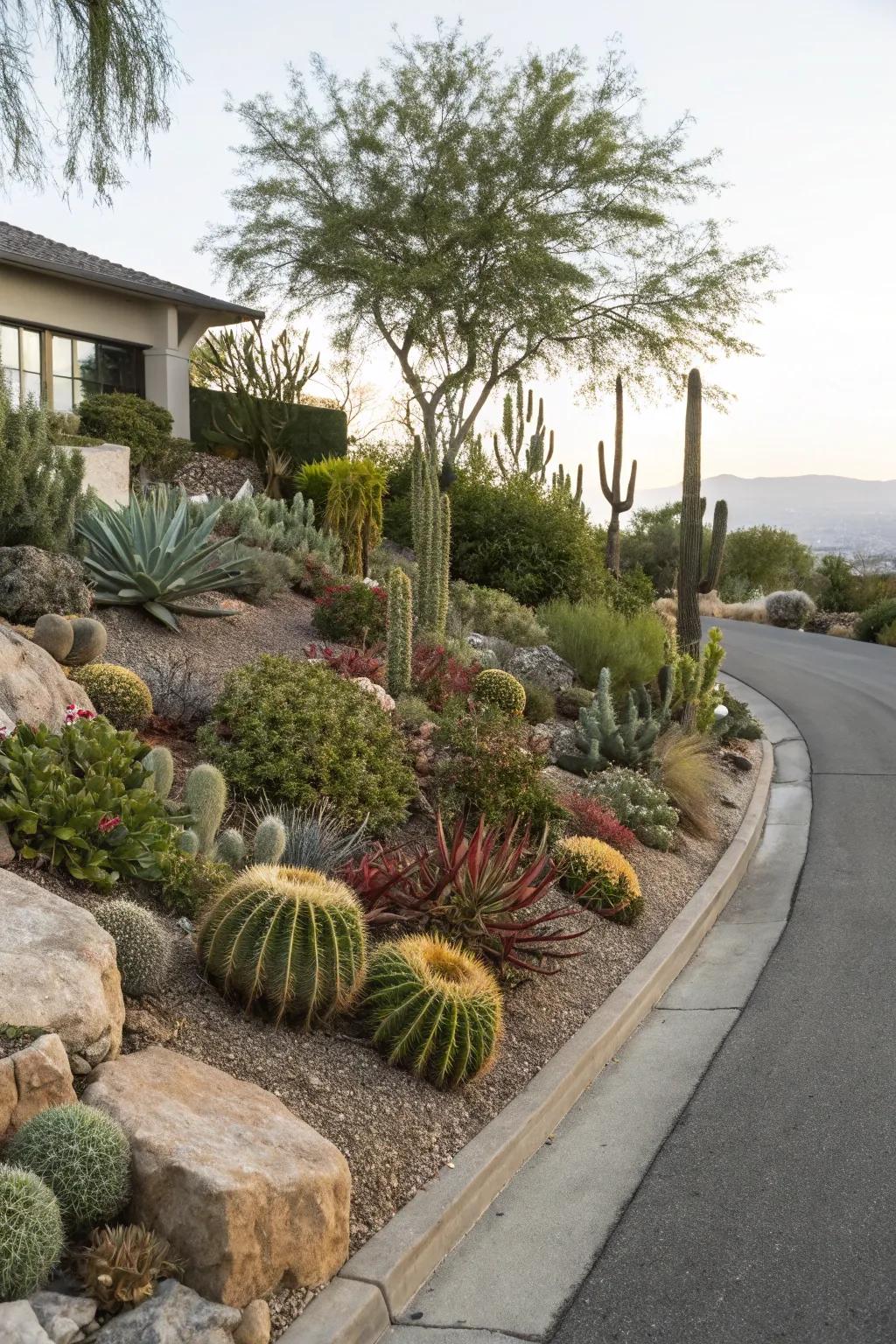 Cacti and succulents furnish a distinctive element to the berm.