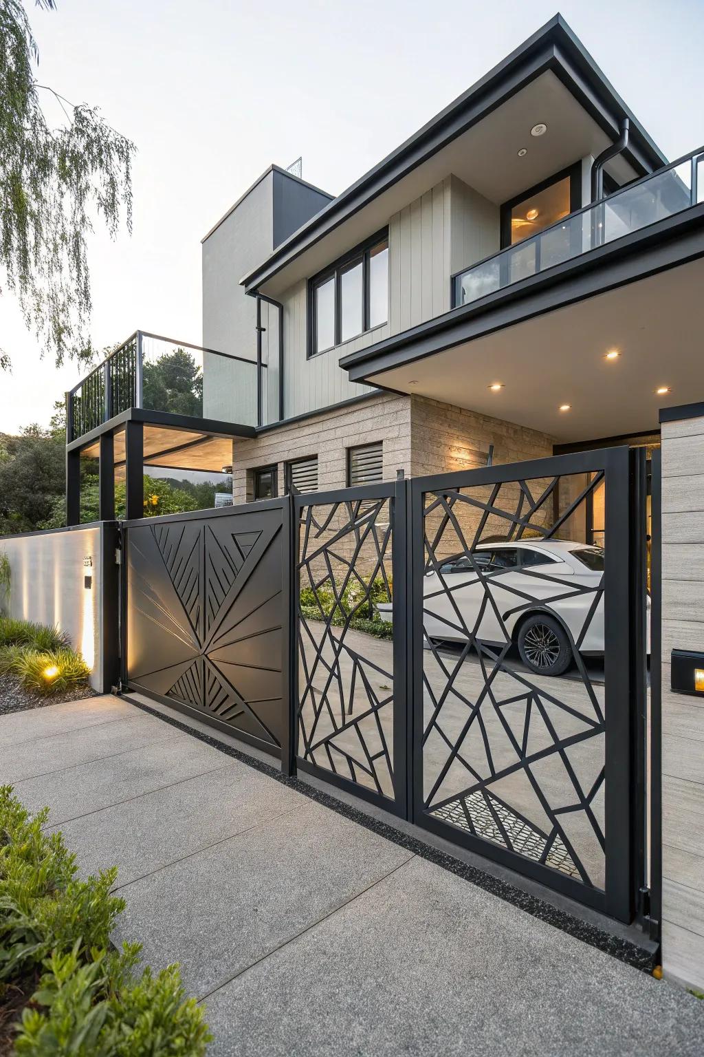 A geometric gate that adds artistic flair to a modern home.