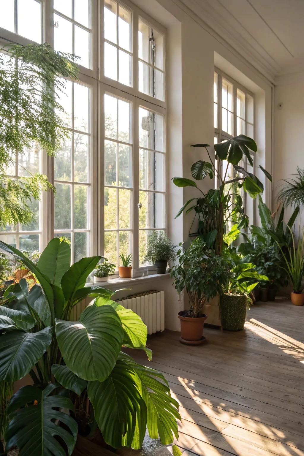 A radiant room filled with sunlight and verdant vegetation.
