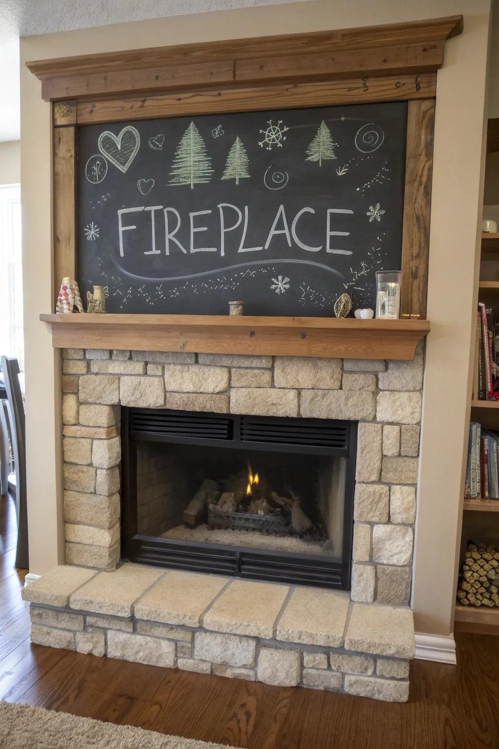 Add whimsy with a chalkboard fireplace.