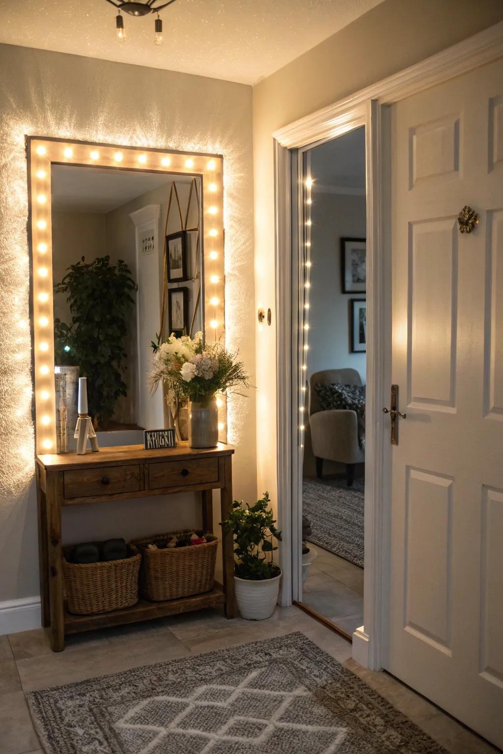 A backlit mirror offers a gentle and inviting illumination in the entryway.