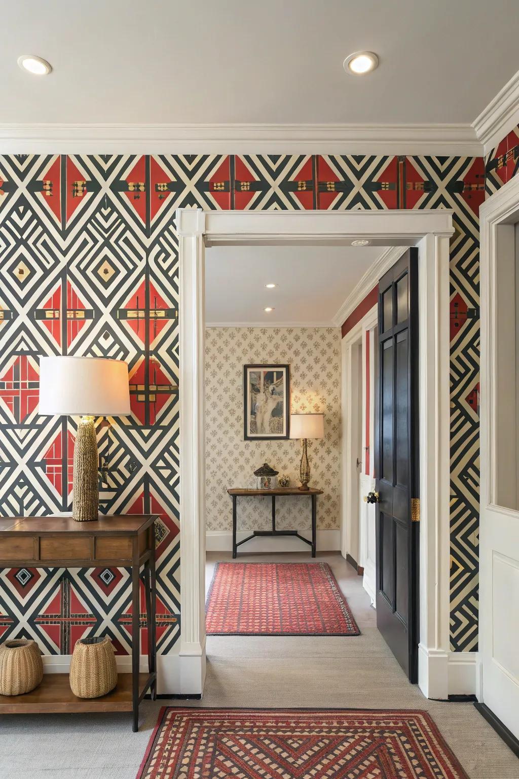 Bold wallpaper creates an artistic and vibrant entryway statement.