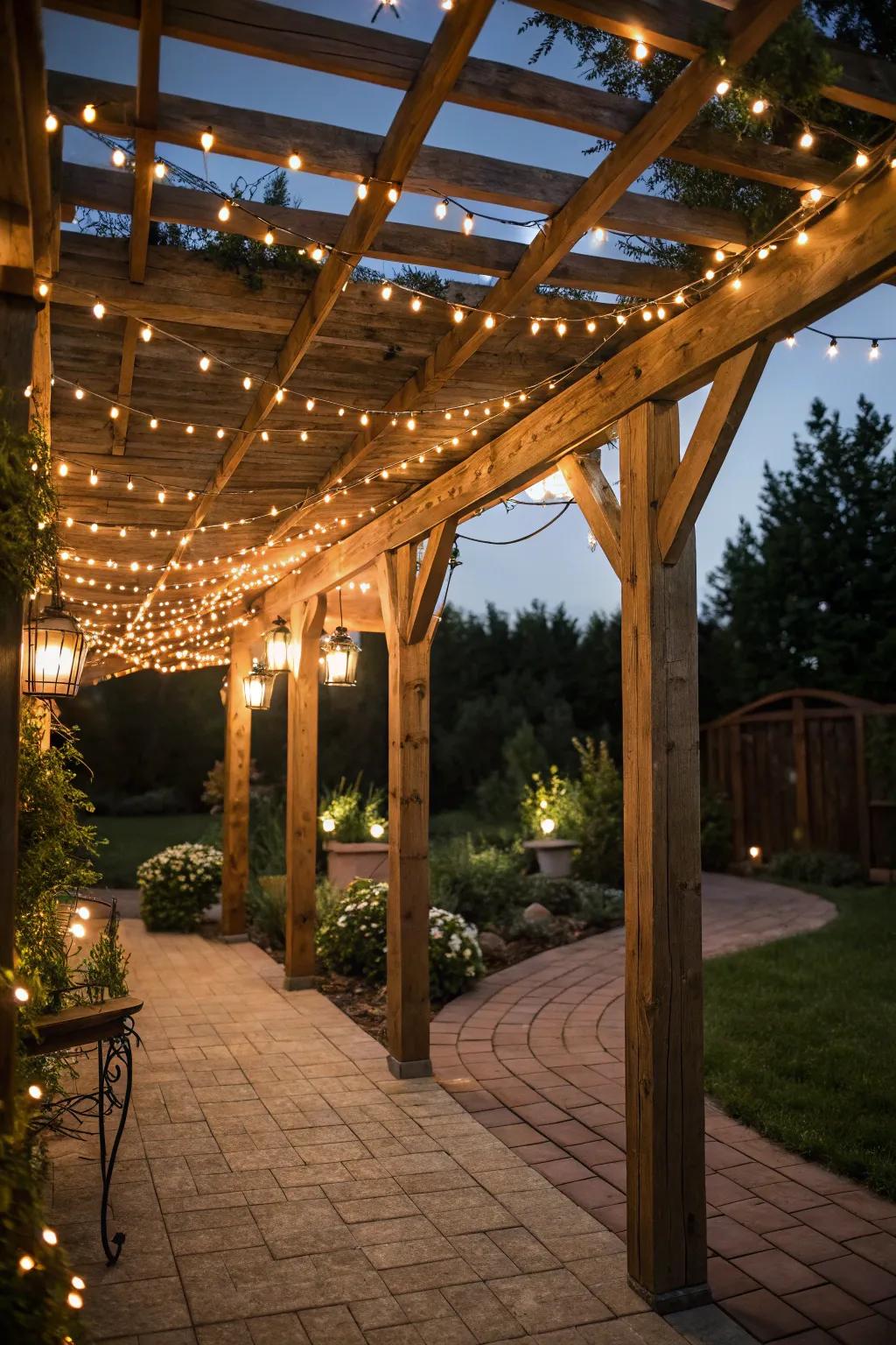 Pergola adorned with fairy lights offers an inviting retreat.