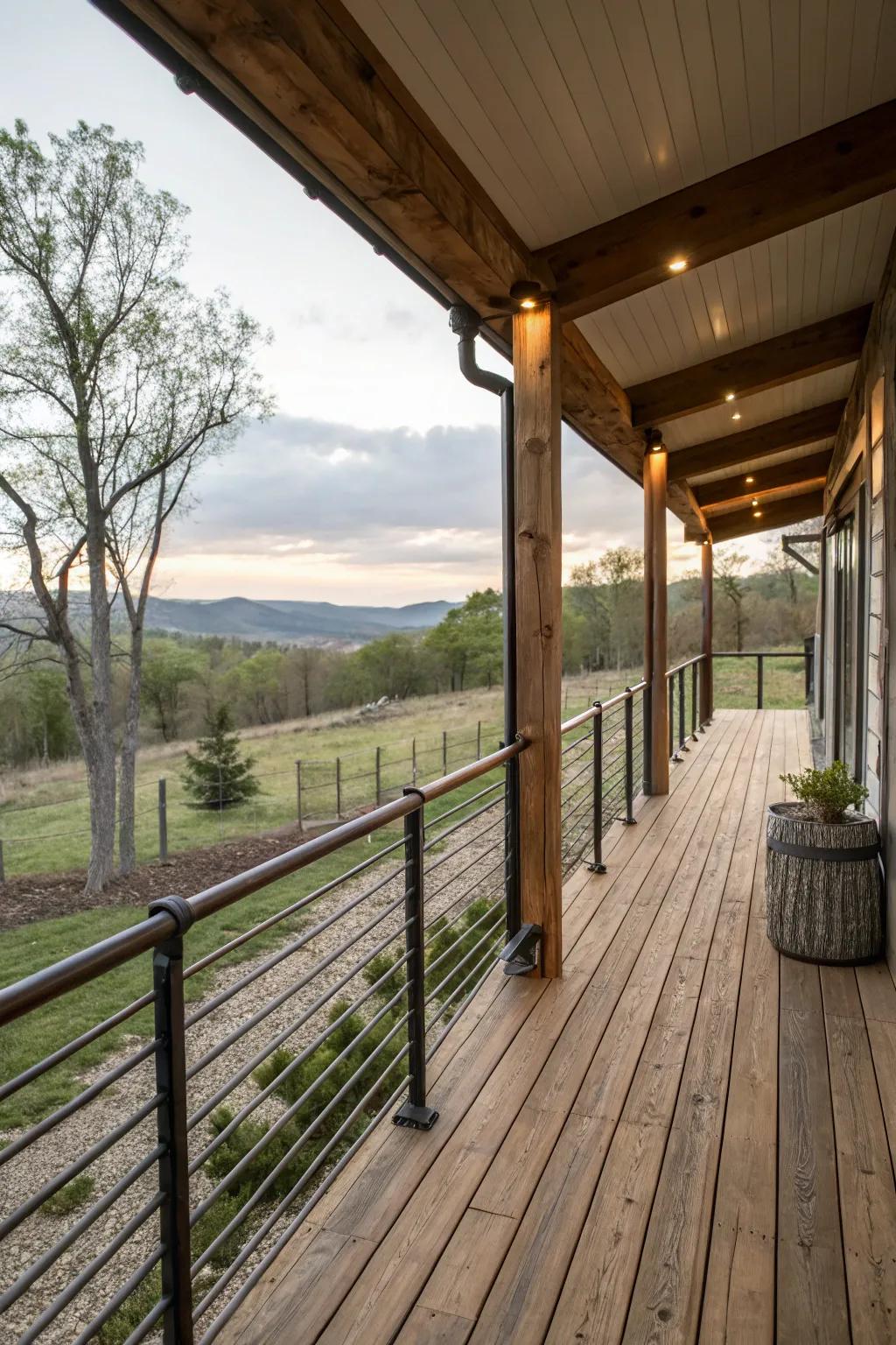 Industrial charm: Metal piping as deck railing.