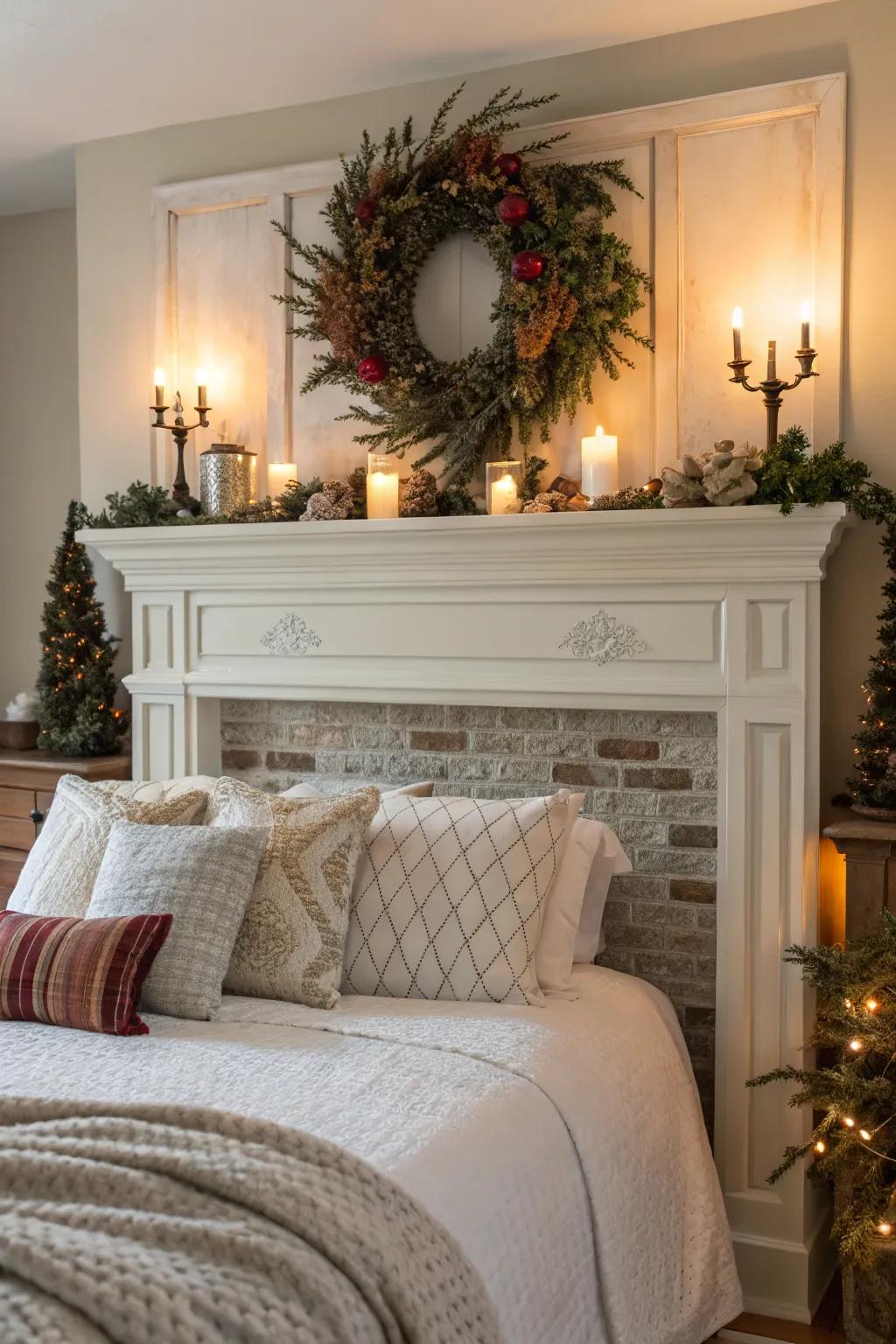 Seasonal decor keeps the mantel headboard stylish year-round.