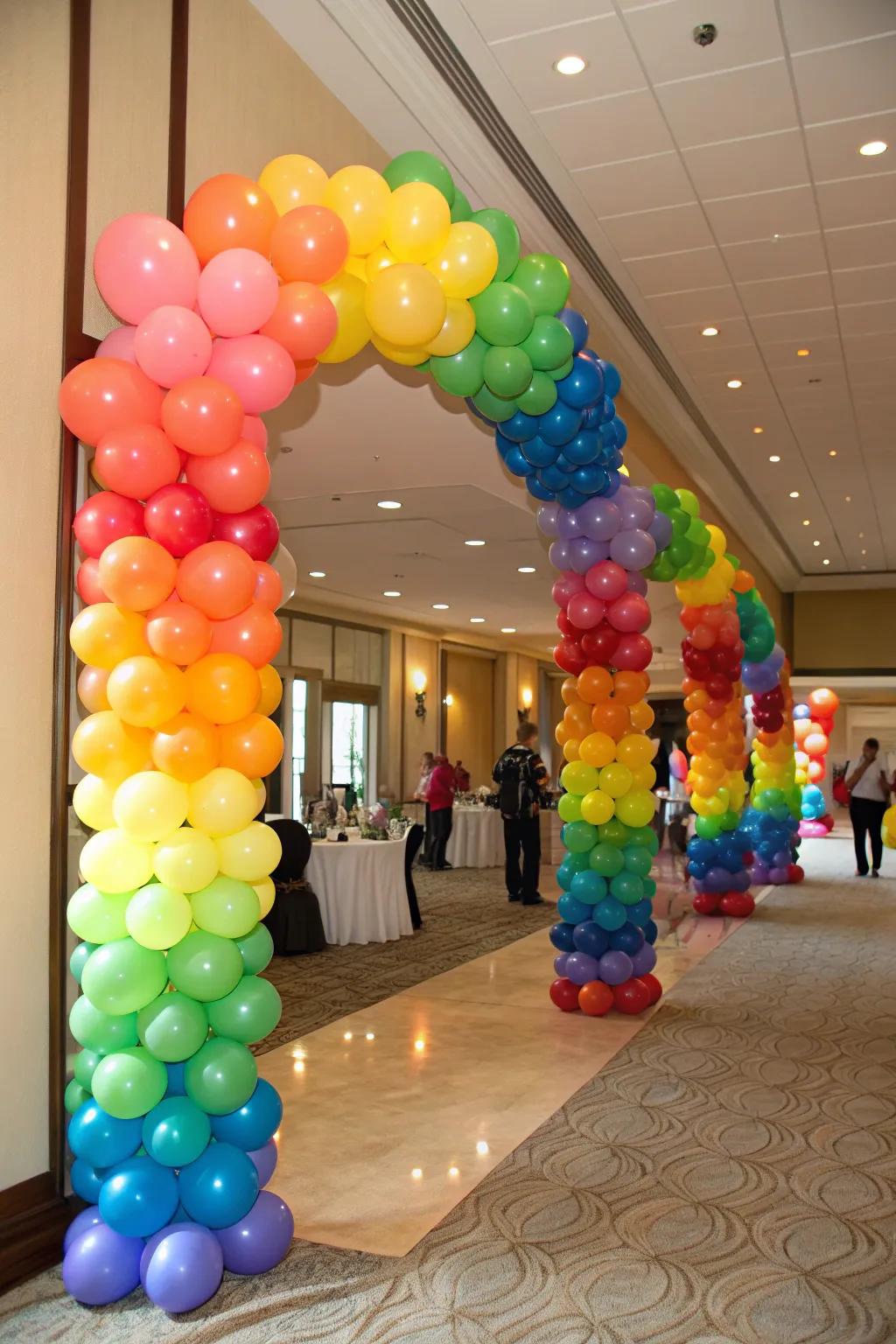 Balloon clusters adding bursts of color to the birthday party setup.