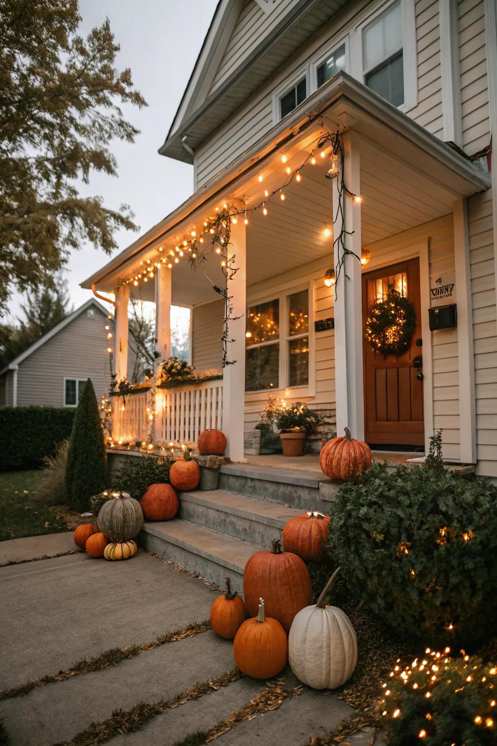 A front porch is bedecked with seasonal elements such as gourds and luminaries.