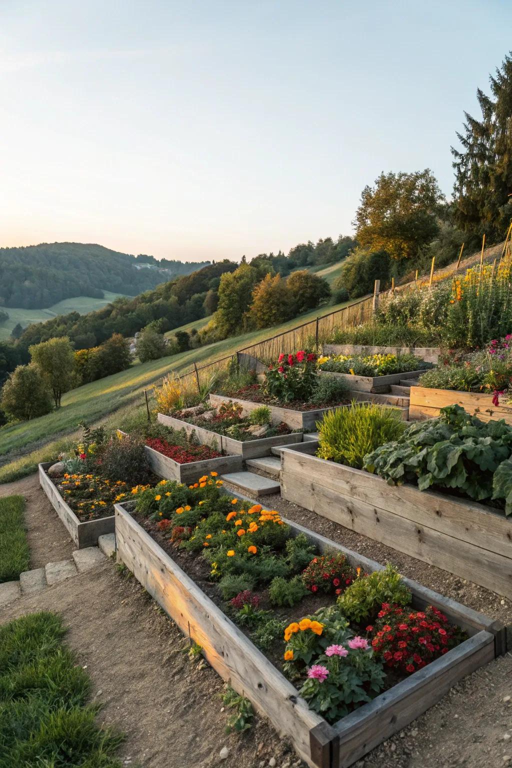 Tiered raised beds simplify gardening on a slope.