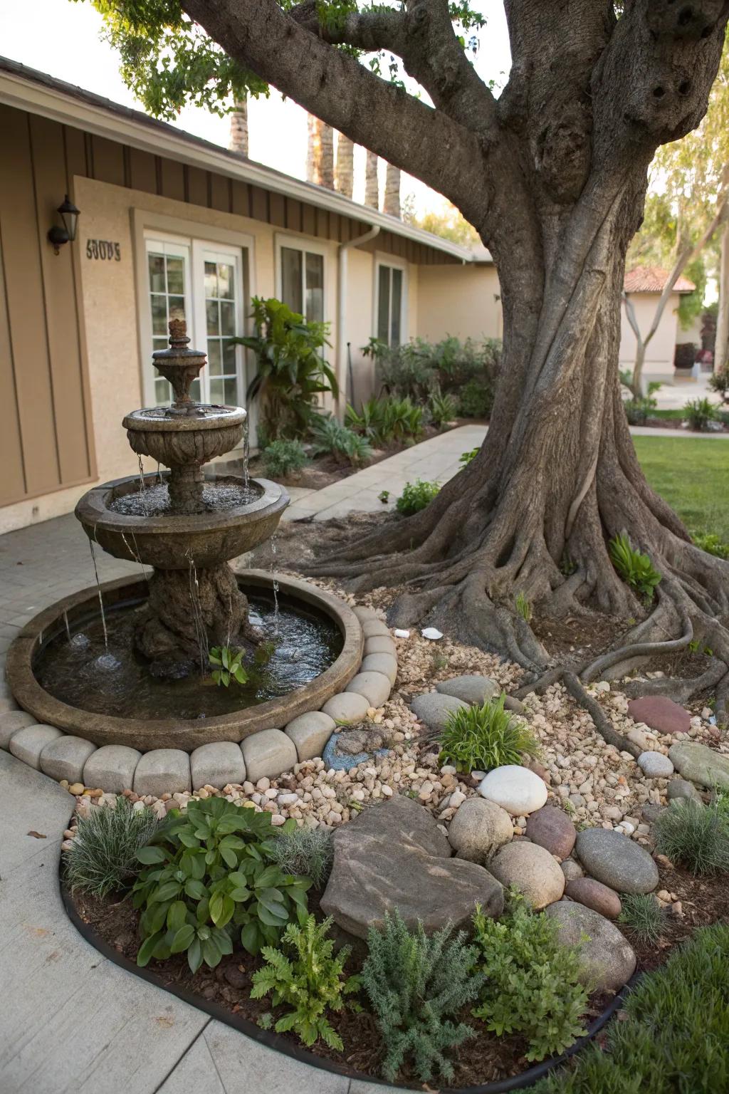 A water feature adds tranquility and charm to your tree landscape.