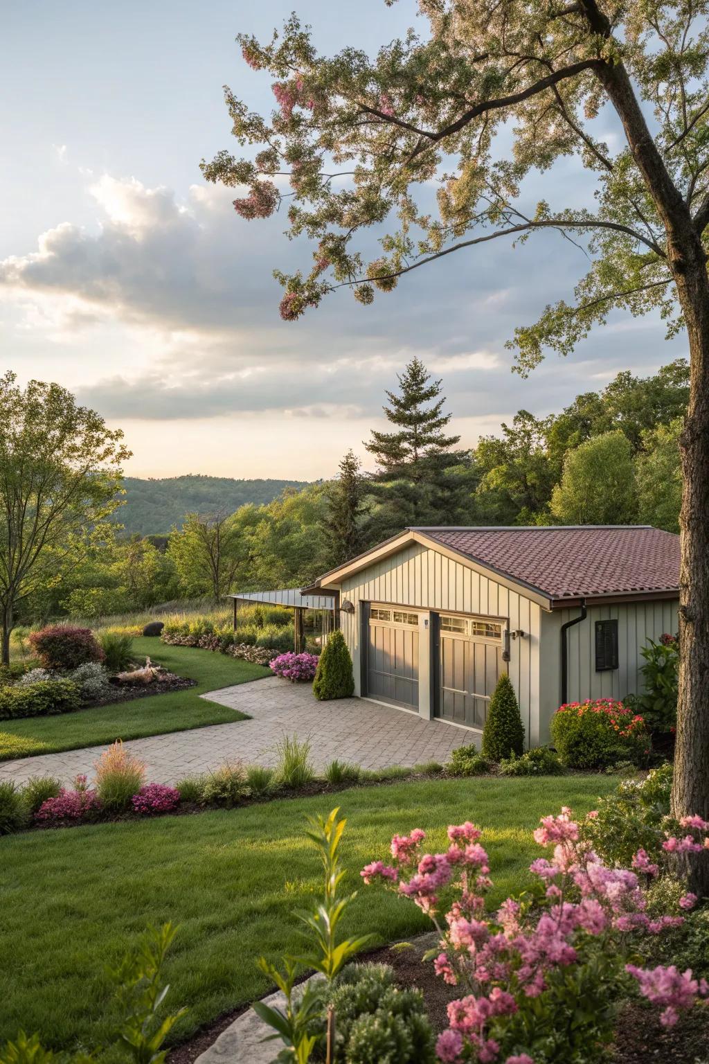 A garage beautifully blended with its surroundings through lush landscaping.