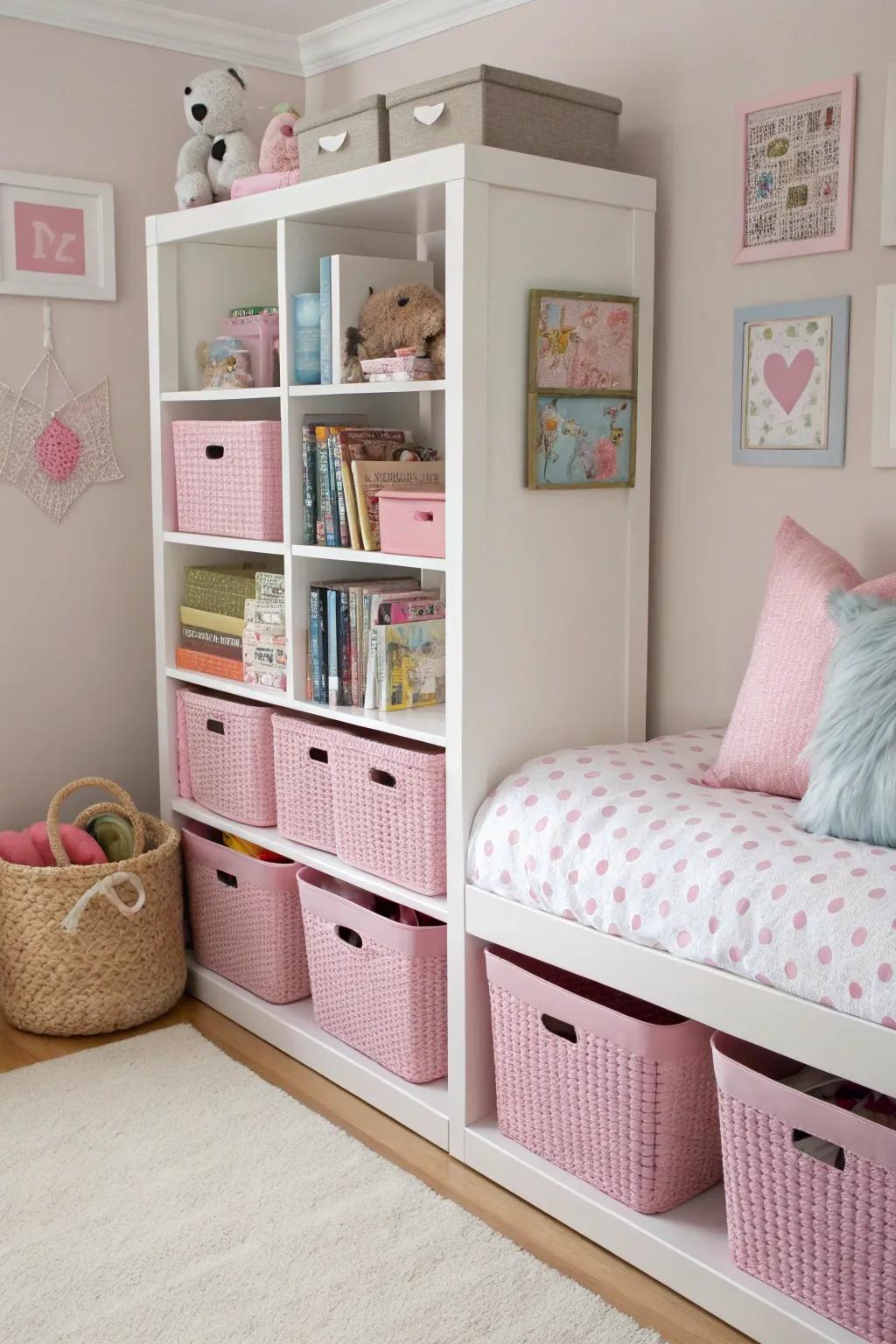 Stylish storage keeps the room tidy and appealing.