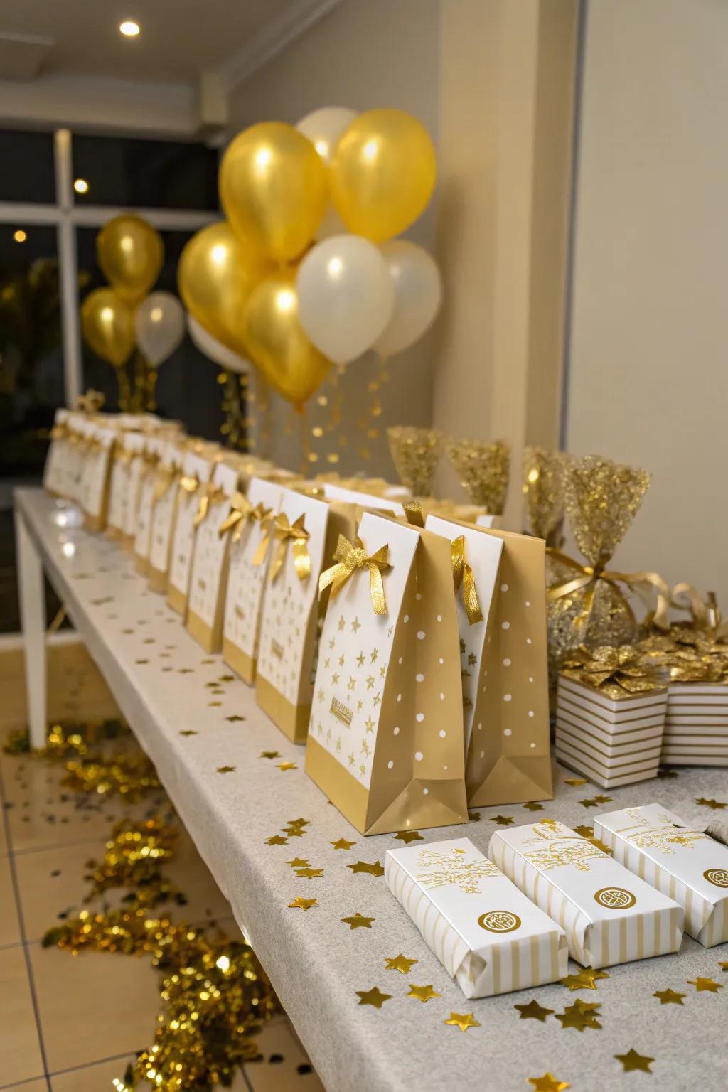 Thoughtful gold-themed party favors for guests.