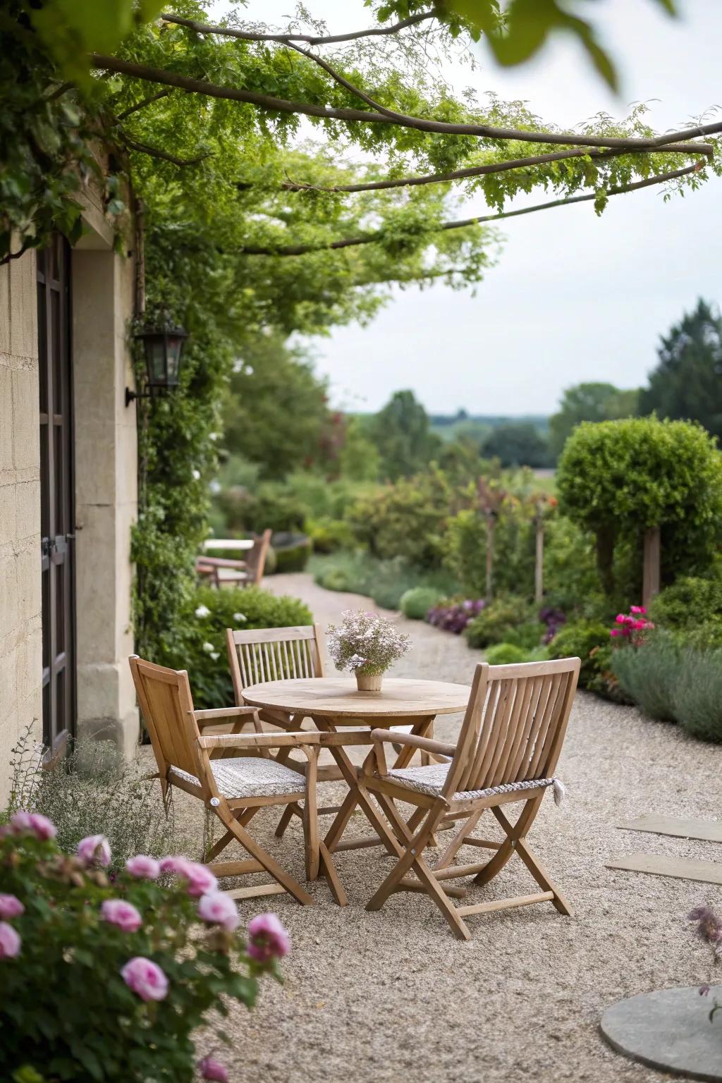 A gravel patio complemented by rustic wooden furniture, creating a cozy setting.