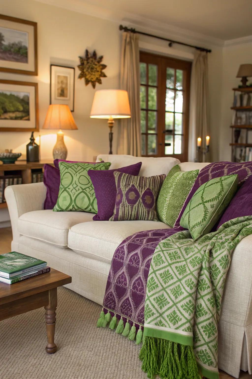 Accent cushions and throws bringing color to the living room.