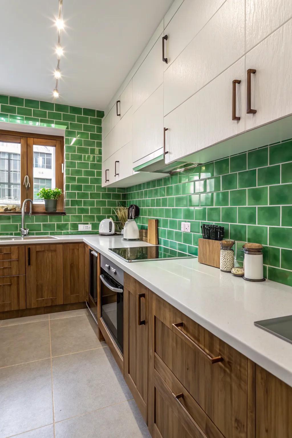 Green tiles add an unexpected pop of color.