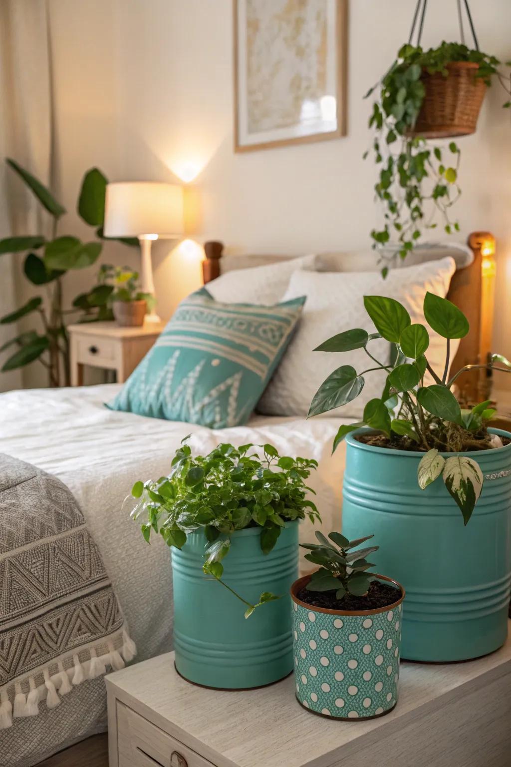 Turquoise pots bring a lively touch to bedroom greenery.