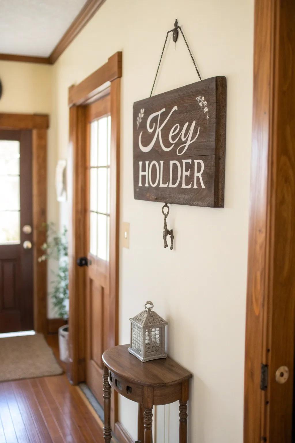 A vintage key holder sign that brings both organization and style.