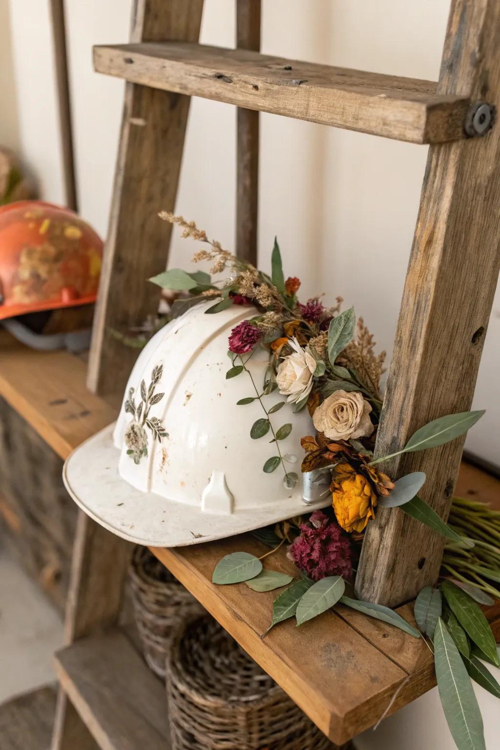 A hard hat beautifully decorated with natural elements.