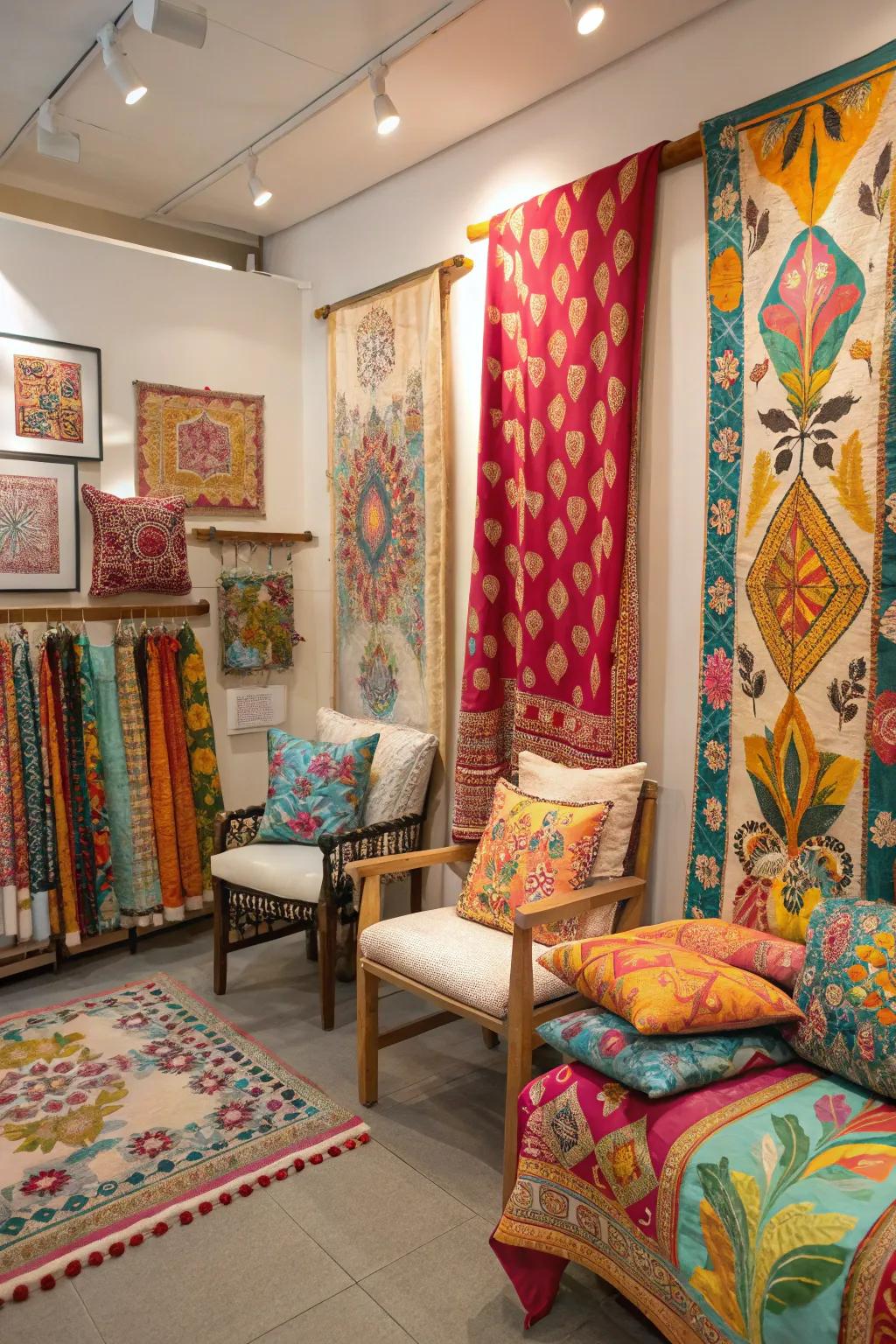 A room adorned with lively textile designs