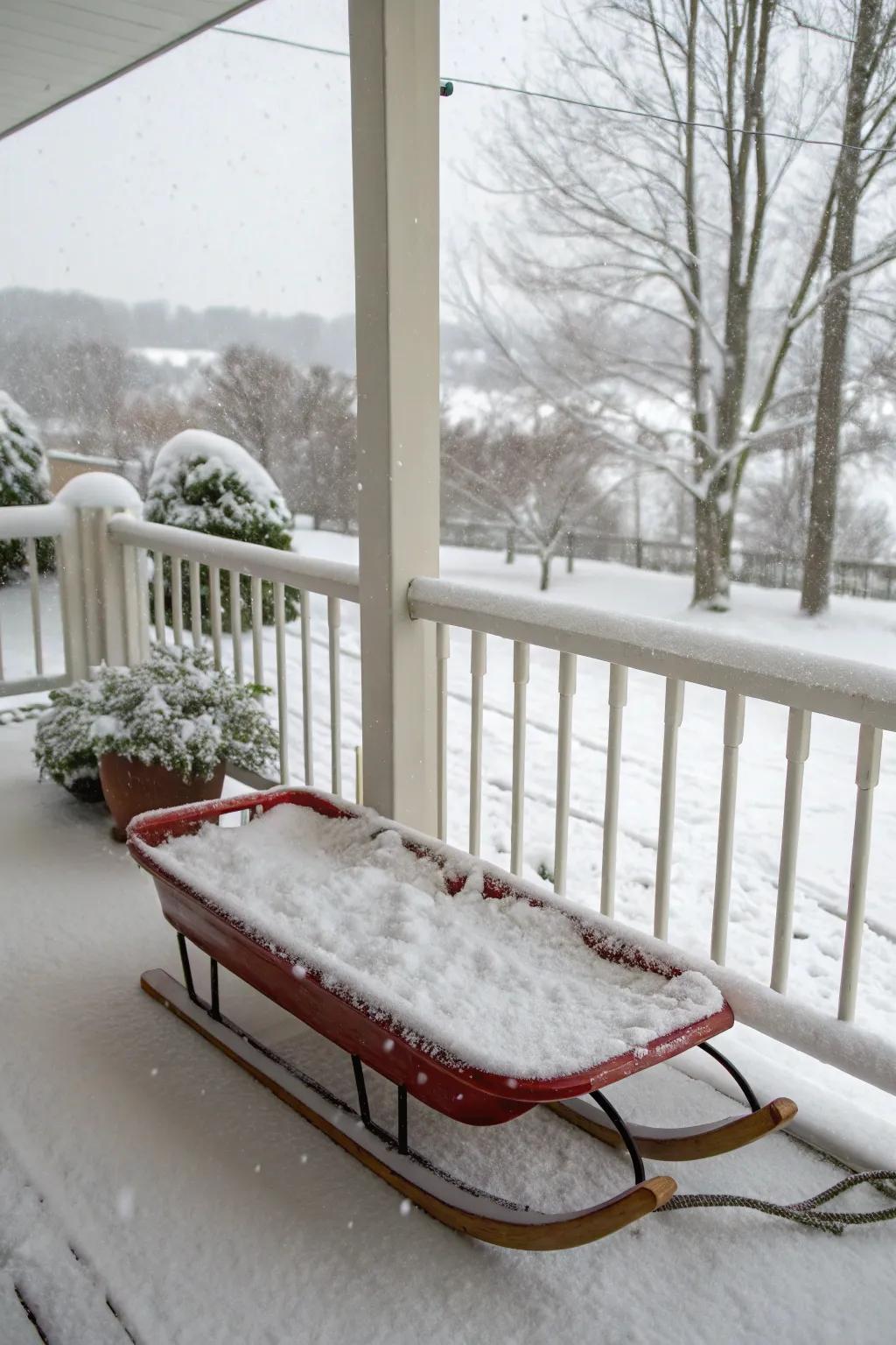 A sled turned into a winter wonderland with faux snow