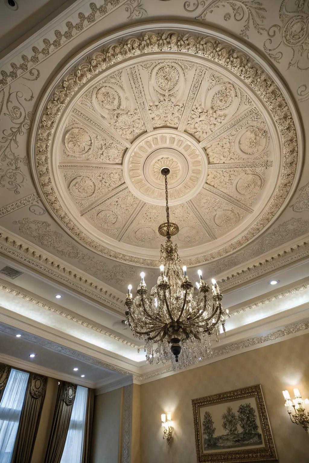 Ornate ceiling medallion adds drama to the living room ceiling.