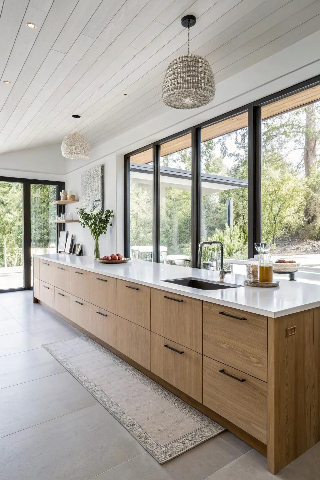 A hovering sideboard endows the culinary space with a modern, airy atmosphere.