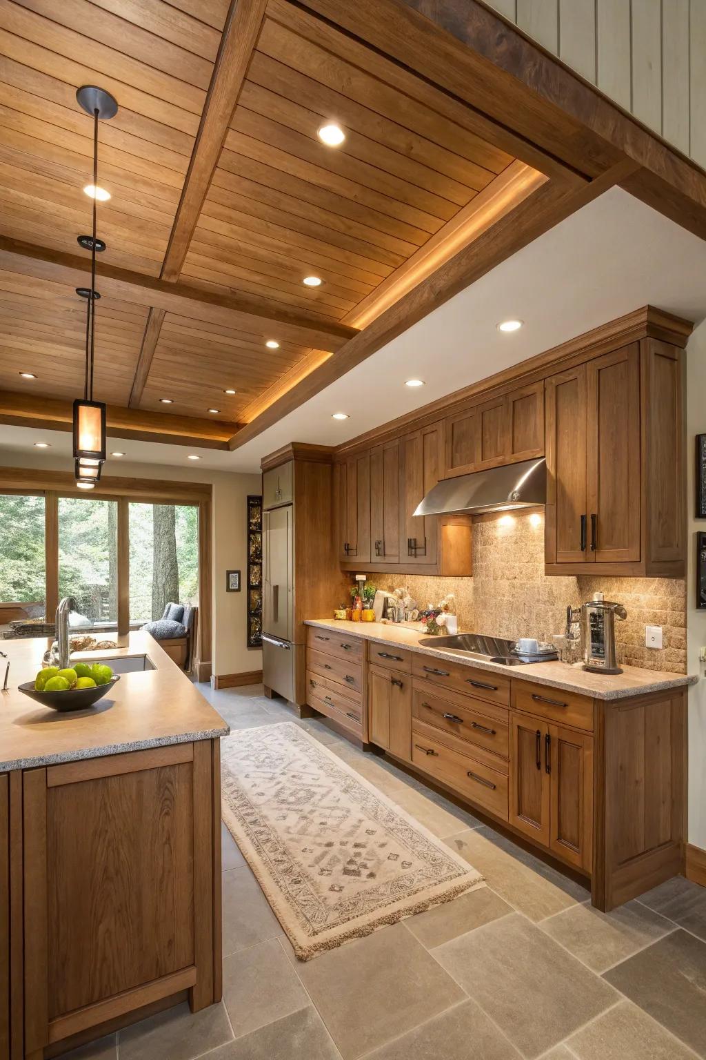 A soffit wrapped in wood veneer, providing a warm and cohesive kitchen design.