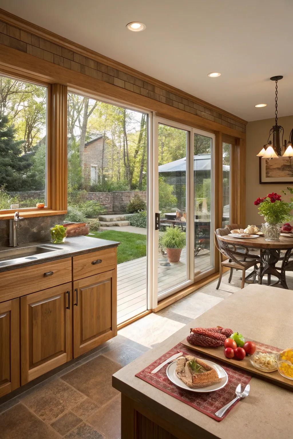 A kitchen with pass-through windows to an inviting patio.