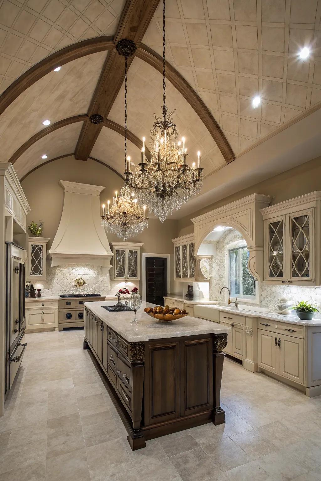 A statement chandelier adds elegance to this kitchen with a vaulted ceiling.